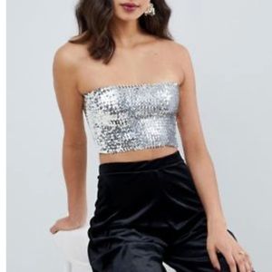 Silver Sequin Rave Festival Strapless Stretchy Bandeau Size Small